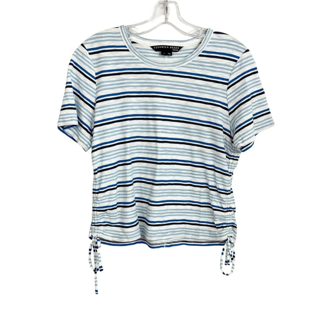 Veronica Beard Tazi Tee Blue & White Striped Ruched Tie Crew Neck Size Medium‎